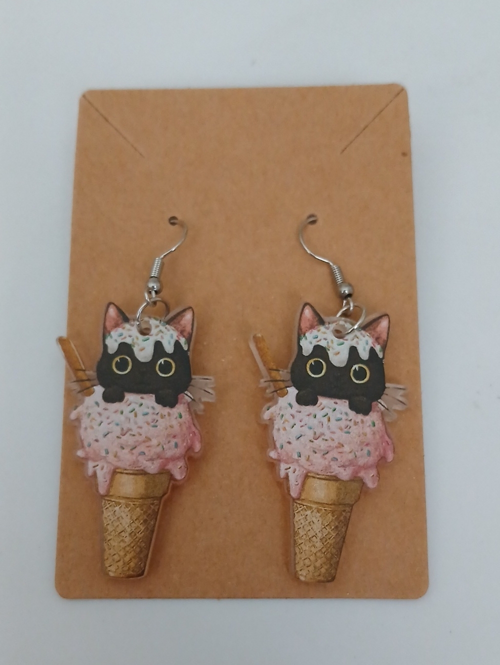 Fashion Jewelry Black Cat Ice Cream Cone Earrings - Pink & Gold